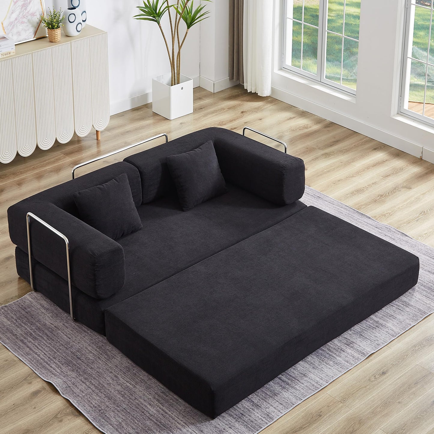 ZEIINPA Comfy Convertible Folding Mattress Couch, Floor Sofa Bed with Fixed-Shape Frame, Corduroy Floor Sofa with Armrest, Floor Sofa Lounge Couch for Living Room Bedroom Lounge Studio,Dark Black