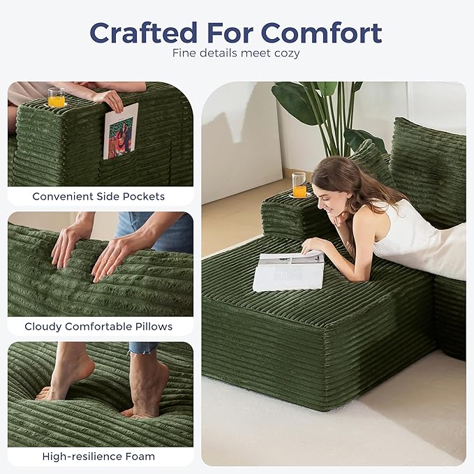 MAXYOYO 132" Giant U-Shaped Modular Sectional Couch, Modern Boneless Couch for Living Room, Sofa in A Box, Oversized Sofa Sleeper with Deep Seat, No Assembly Required, Green