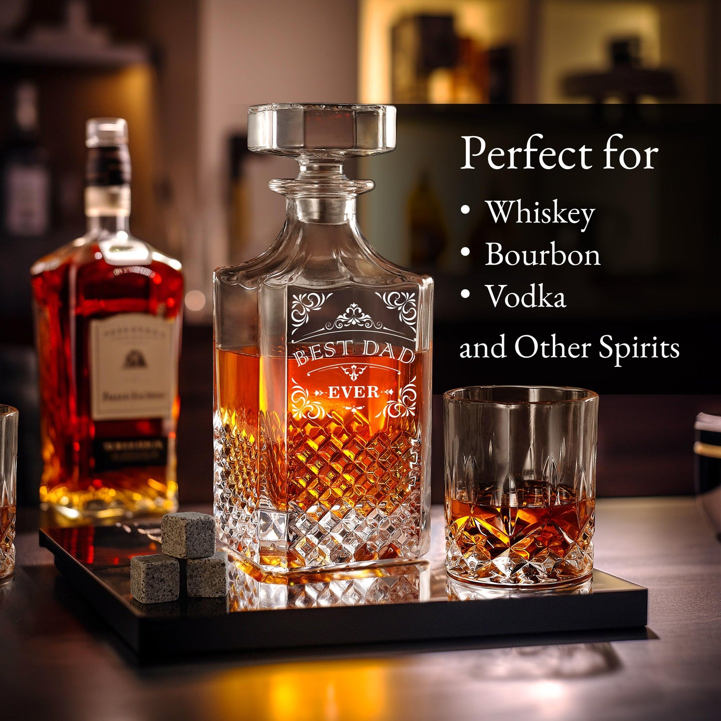 Luxury Gift For Men - Best Dad Ever - Unique Engraved Whiskey Decanter Set For Beloved Dad Christmas or Birthday Gift – 4 Whiskey Glasses And Decanter Set Is a Great Gift Idea for Whisky, Bourbon