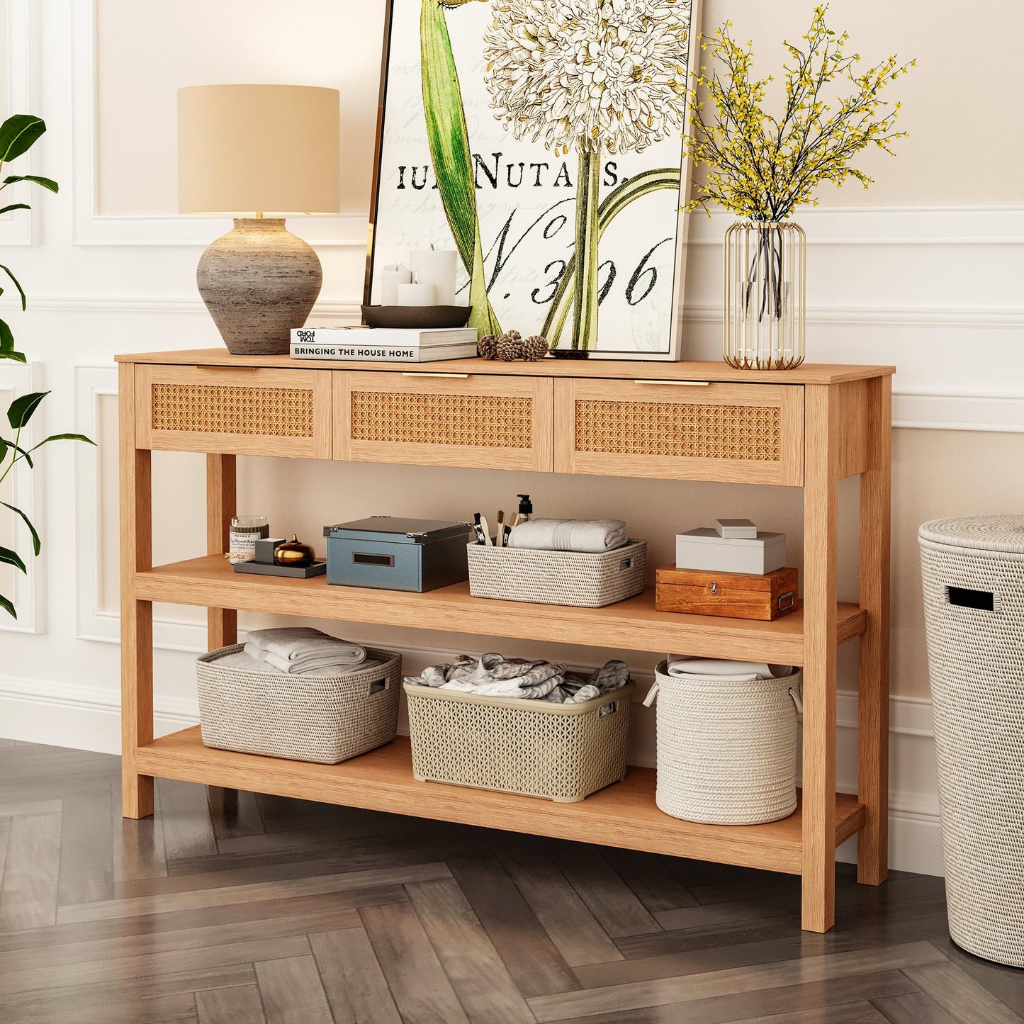 LAUSAINT HOME Narrow Console Table, 51" Entryway Table with 3 Rattan Drawers, Sofa Table Behind Couch/Sofa with 2 Storage Shelves, Natural Wood Console Table for Living Room, Bedroom, Hallway, Foyer
