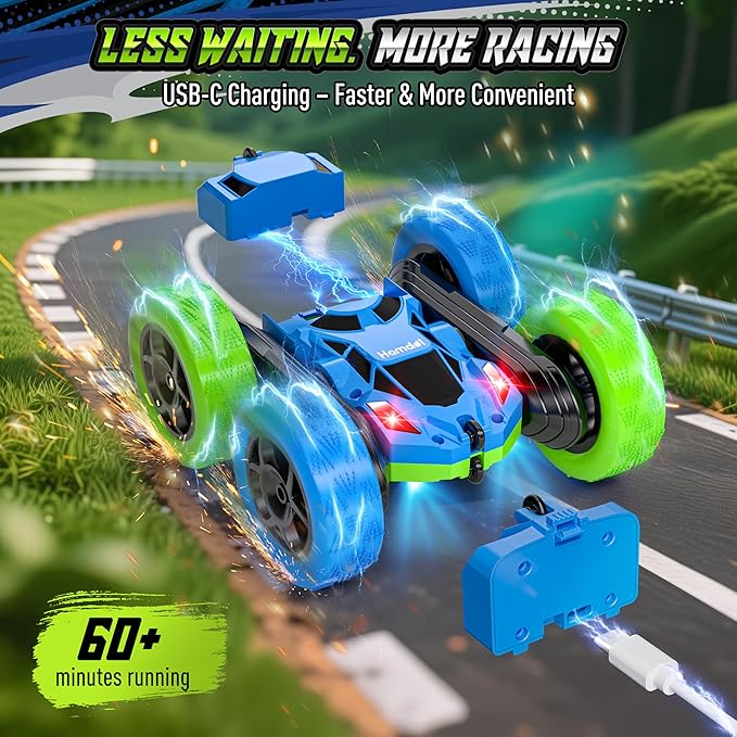 Upgraded RC Car for Kids, 360° Rotating Double Sided Stunt Vehicle with Headlights, 2.4GHz 4WD Remote Control Car, USB-C Rechargeable Electric Toy, Birthday for Boys & Girls
