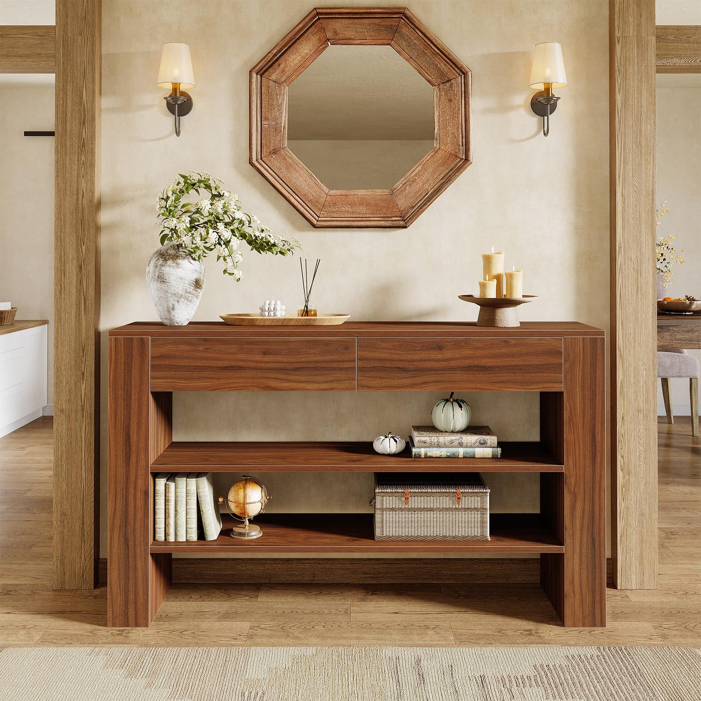 Tribesigns 53.15-Inch Console Table with 2 Drawers, 3-Tier Entryway Table with Storage for Living Room, Sofa Console Behind The Couch for Foyer, Hallway, Entrance (Dark Walnut)