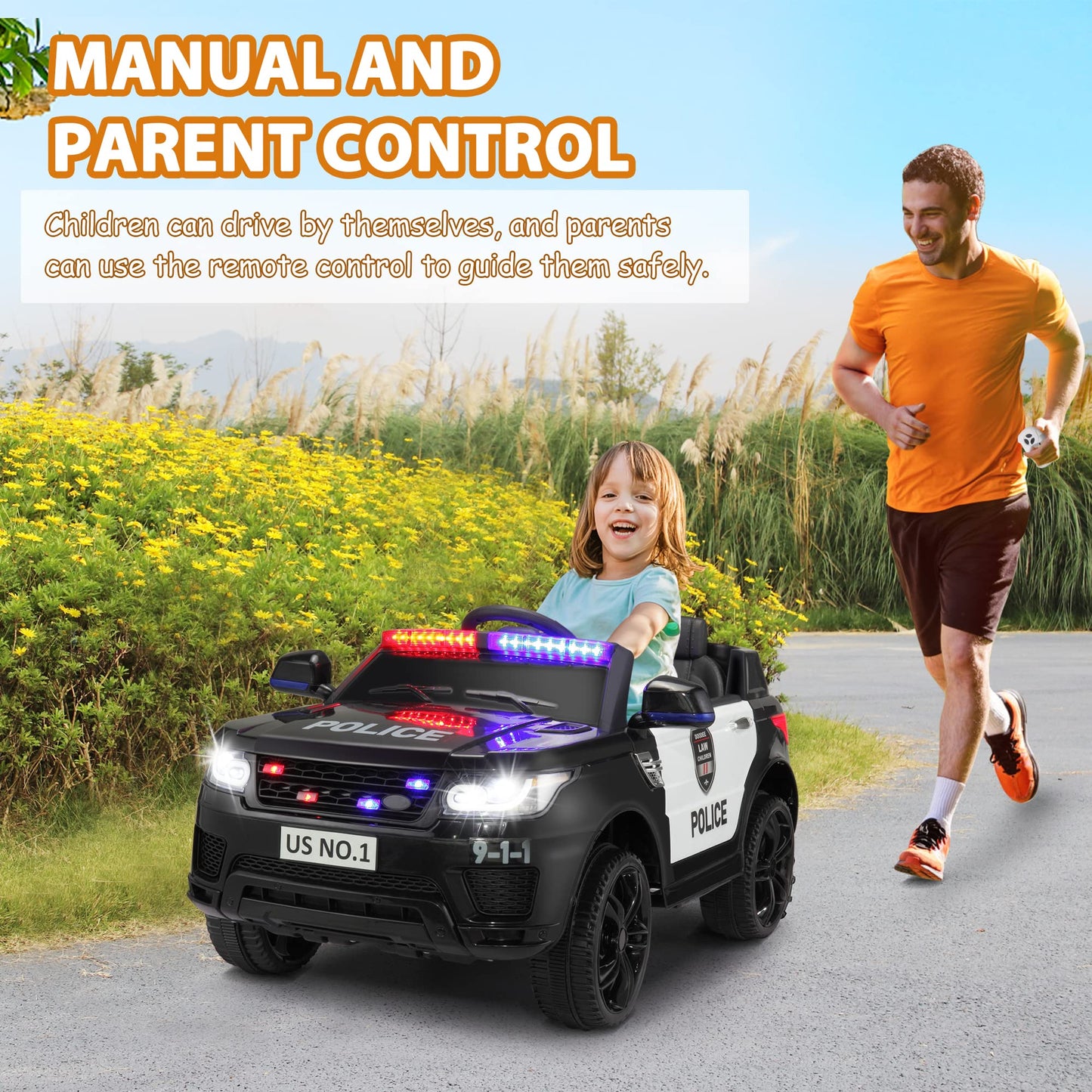 TOBBI Police Car Ride on Electric Car for Kids to Drive Battery Powered Ride-on Toys Cop Cars with Remote Control, Siren, Flashing Lights, Music, Spring Suspension, Carbon Black