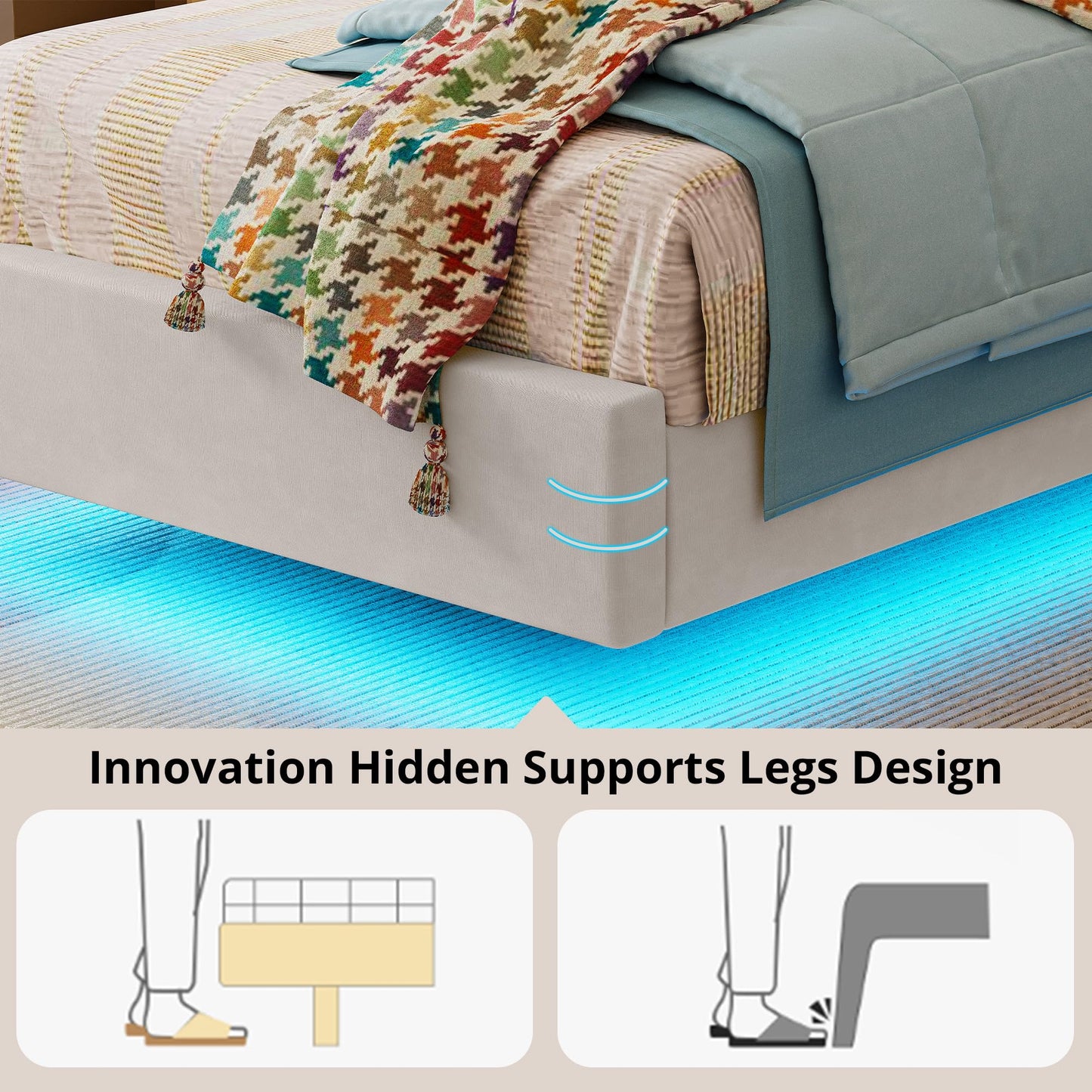 LIKIMIO Twin Bed Frame with LED Lights, Upholstered Floating Twin Platform Bed Frames with Cartoon Cat Ears Shaped Headboard, No Box Spring Needed, Cream Beds