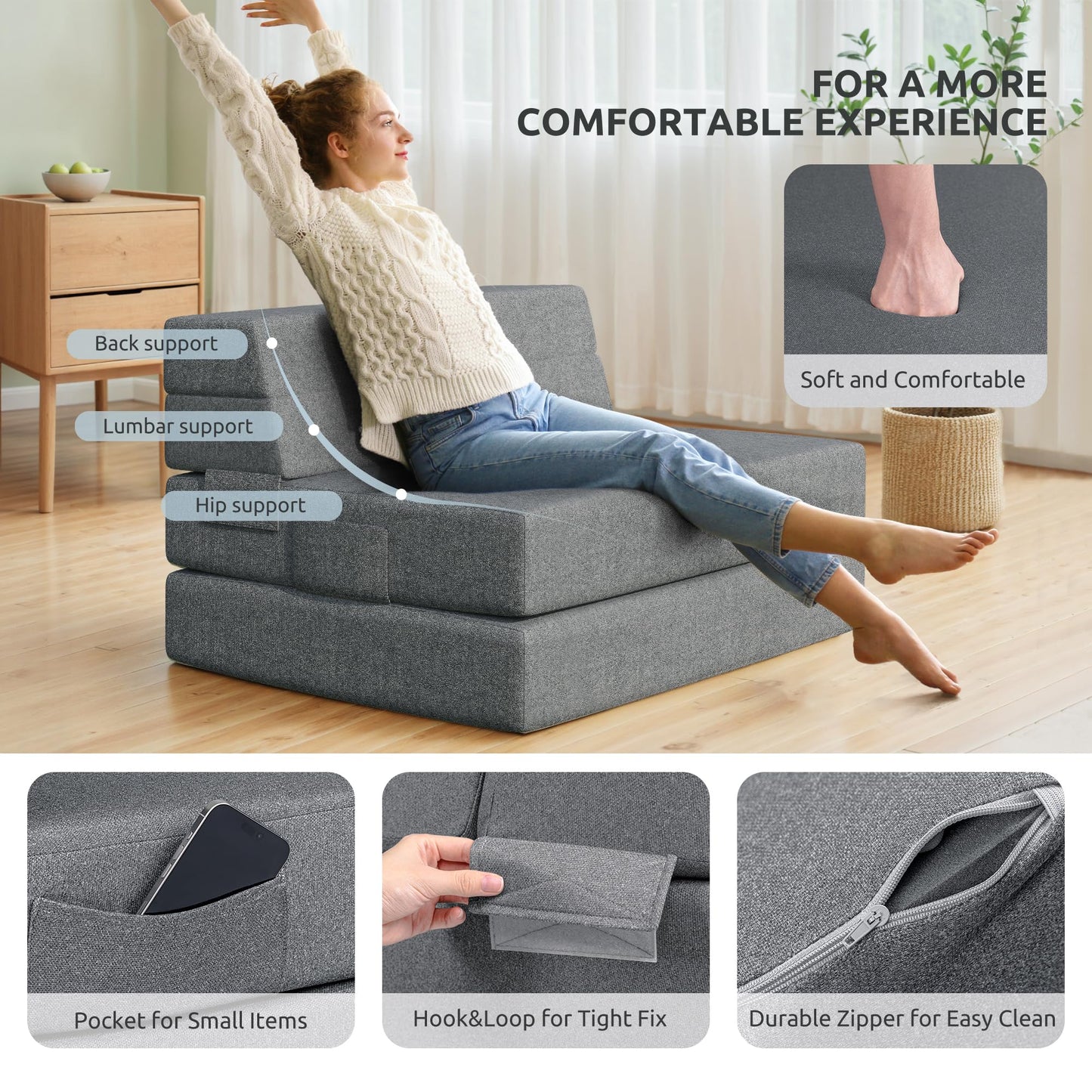 Youzi Folding Sofa Bed, Foldable Mattress for Bedroom and Living Room, 6 Inches Single Four-fold Floor Sofas for Guests, Sofa Bed Chair Floor Mattress with Washable Cover, Dark Gray, 75" x 25" x 6"
