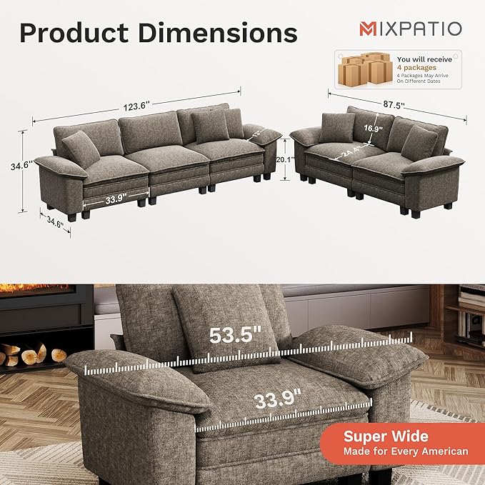 MIXPATIO L-Shaped Cloud Modular Sofa Set, Deep Seat 2-Piece 5-Seater Sectional Couch & Removable Arms, Plush Chenille for Living Room - Smoky Gray