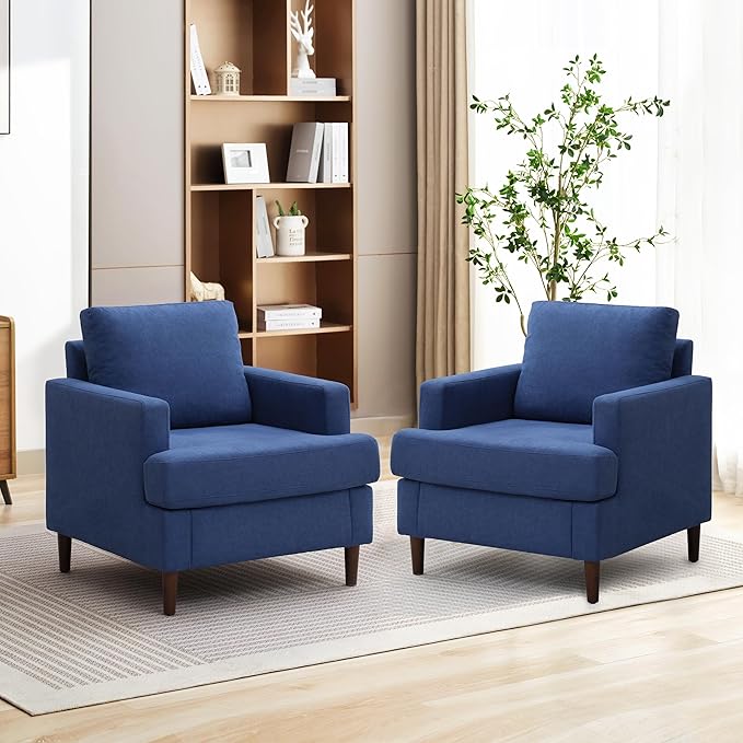 Weture Mid-Century Accent Chair,Modern Linen Fabric Armchair for Living Room,Comfy Upholstered Reading Accent Chairs for Bedroom,Single Sofa Chair with Wood Legs (Blue, 2 Pack)