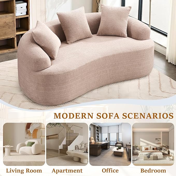 65'' Modern Curved Cloud Loveseat Sectional Sofa for Small Spaces, Luxury Plush Chenille Deep Seat Couch with 3 Pillows, No Assembly Needed Apartment Living Room Furniture, Apricot Cream