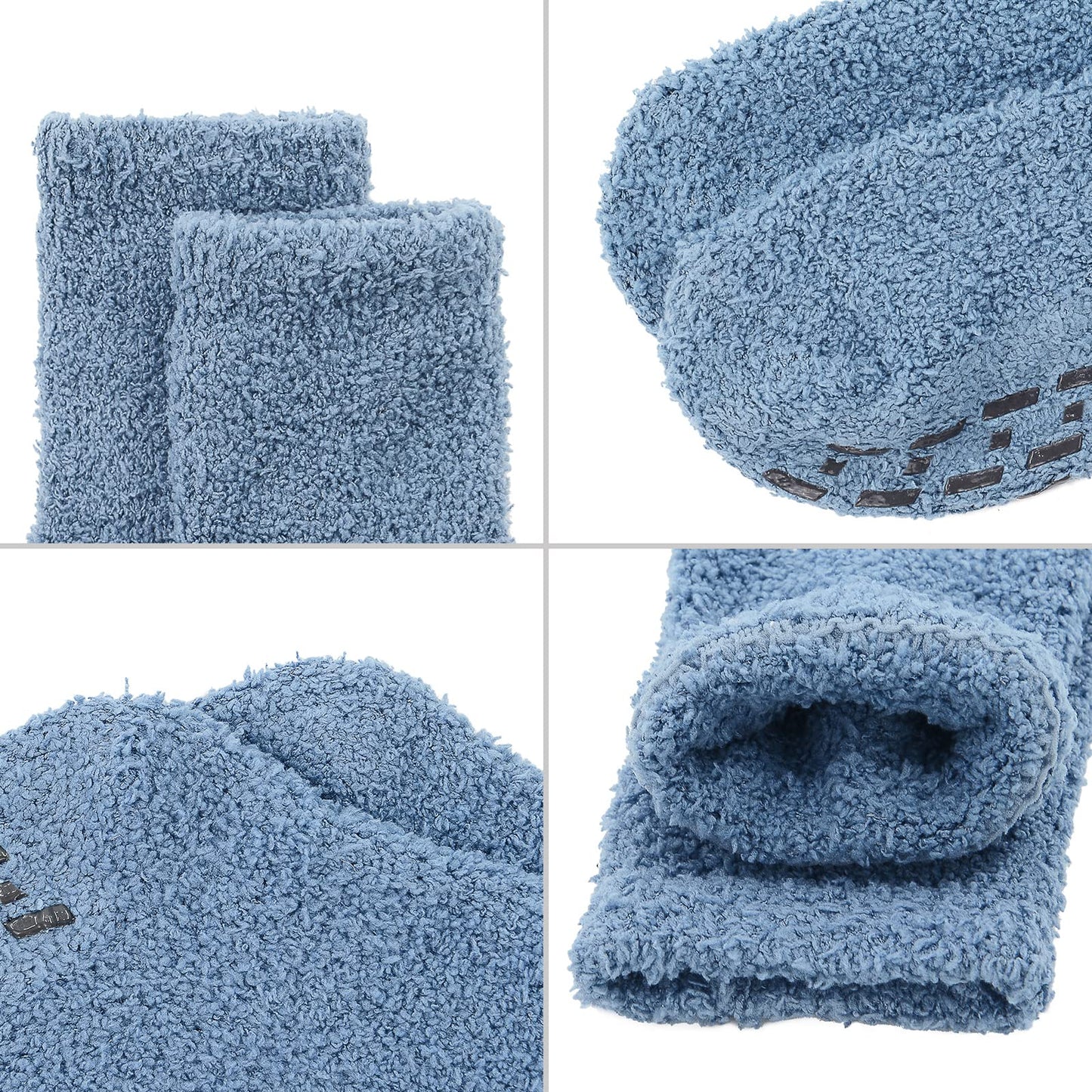 Hospital Non Slip Socks with Grips for Women Fuzzy Fluffy Grippy Warm Slipper Socks with Grip for Women No Slip 3 Pairs Blue Gray White