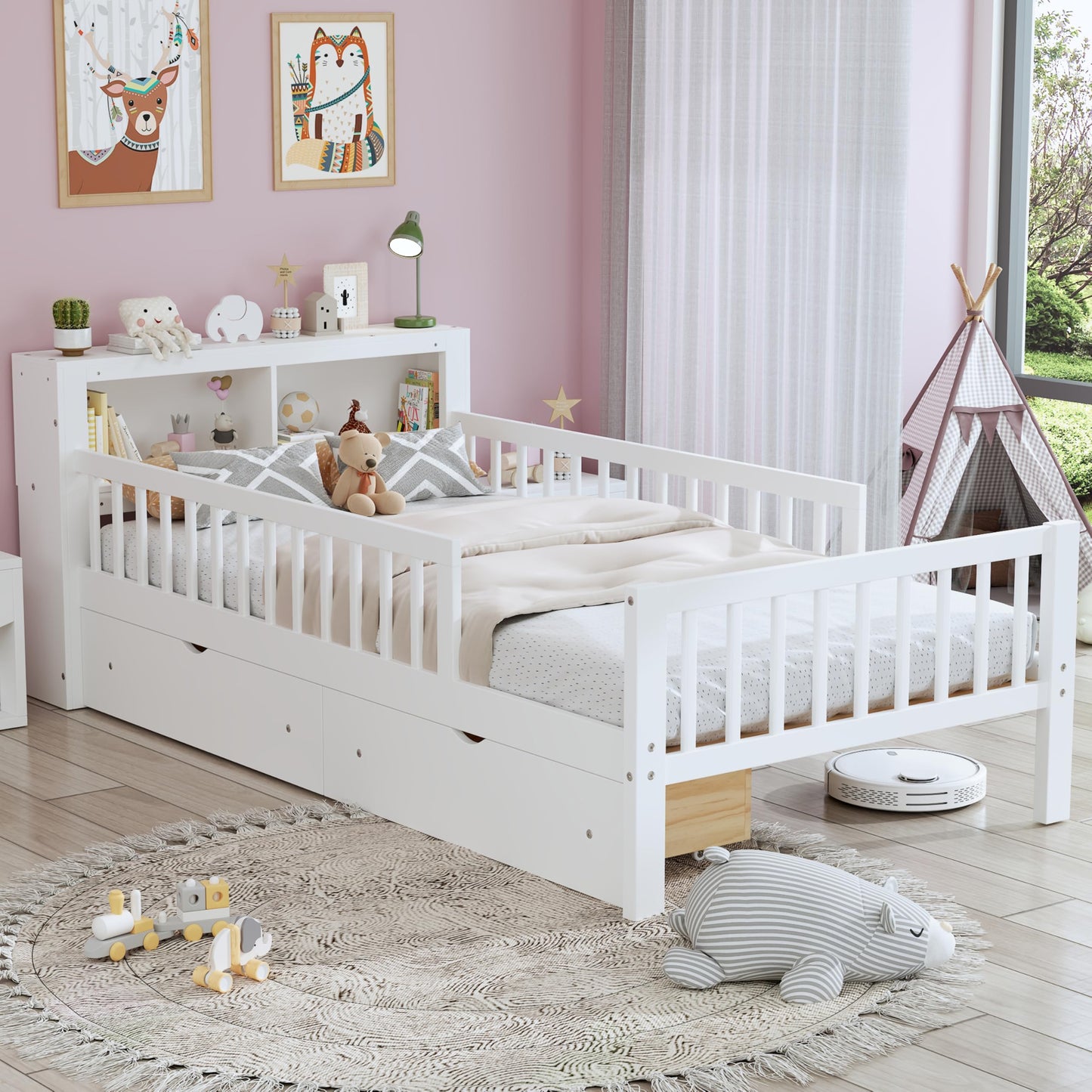 Bellemave Kids Twin Bed Frame with Storage Headboard, Wooden Platform Bed with 3 Side Guardrails and 2 Drawers, Twin Size Bed Frame, No Box Spring Needed, Low Daybed for Kids, White