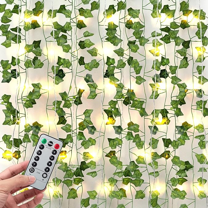JACKYLED 84Ft 12 Pack Artificial Ivy Garland Fake Plants, Ivy Vines Leaves with CE Certified 80 LED String Lights, Hanging...