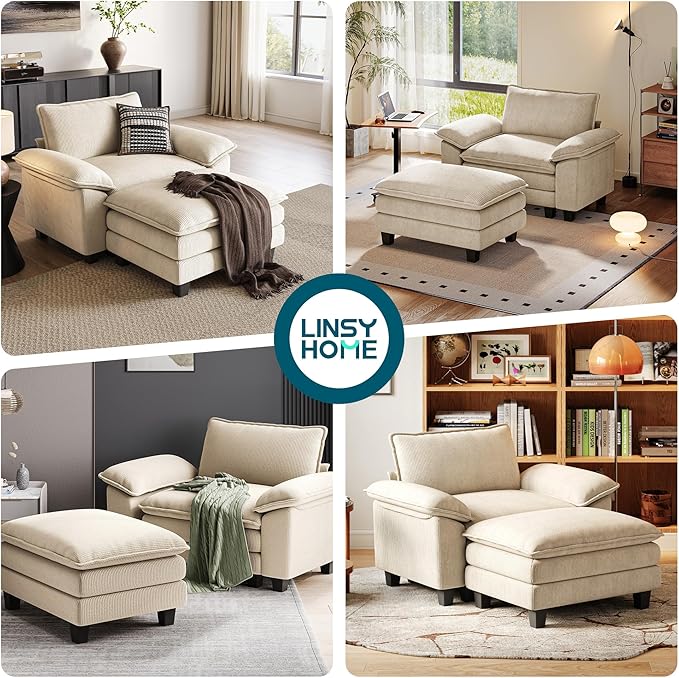 LINSY HOME Cloud Sofa Accent Chair with Ottoman Chaise Lounge Chair Indoor, Corduroy Couch Sofa Chair for Living Room Apartment Bedroom Office, Beige