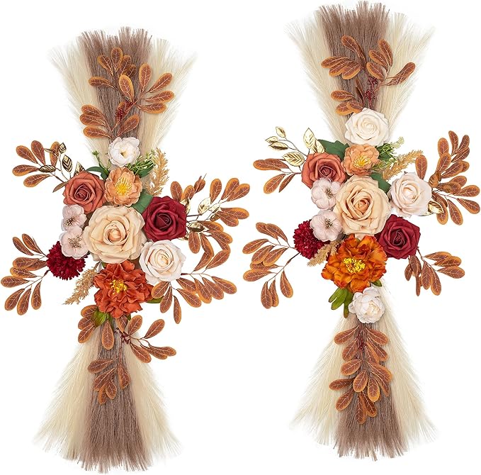 Wedding Arch Flowers, Artificial Floral Decor for Wedding Ceremony & Reception, Standard Size Large Flower Swag Set for Backdrop & Welcome Sign, Pack of 2 (Autumn Chrysanthemum Pampas)