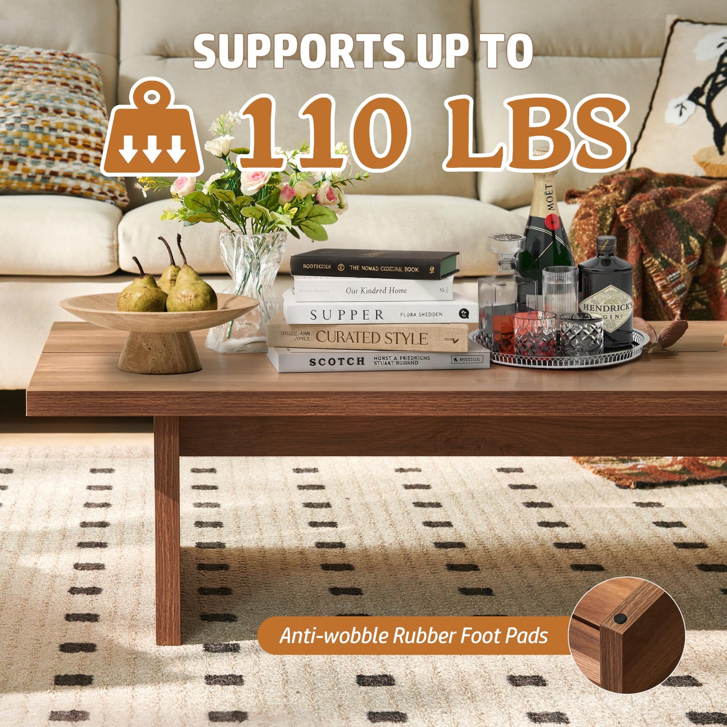 FHKJ Rectangle Coffee Table, 47" Modern Walnut Living Room Table with Wood Grain Surface, Low Profile Center Table, Japanese Tea Table, 2-Leg Design for Small Apartment Sofa, Walnut Brown