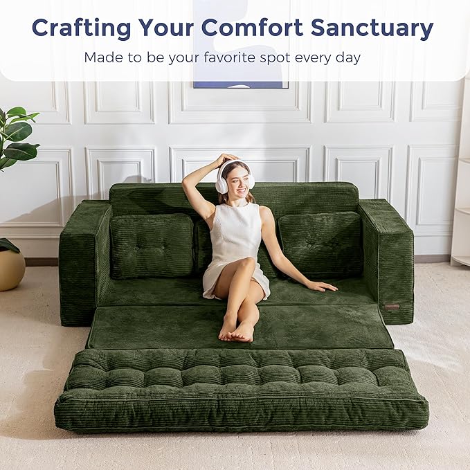 MAXYOYO Convertible Sofa Bed, Pull Out 3 Seater Sleeper Sofa, 2 in 3 Folding Couch Bed, Fold Out Floor Couch with Pillows for Living Room Bedroom Lounge, Dark Green