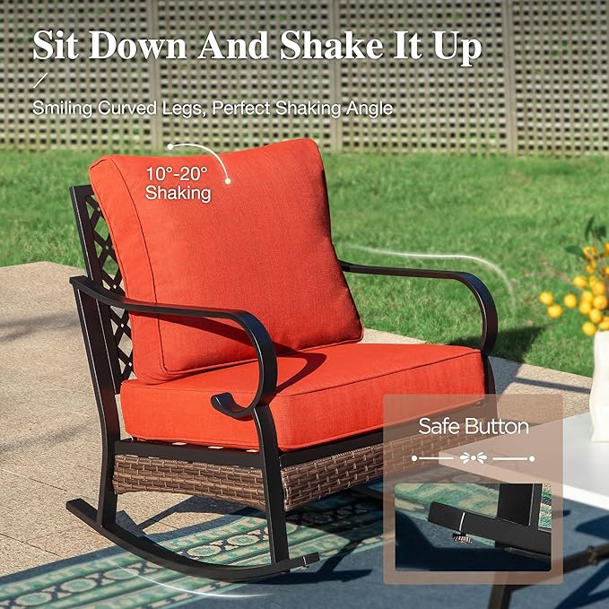 HERA'S HOUSE 4 Piece Metal Patio Furniture Set, 2 x Rocking Cushioned Chair, 2-Seat Lover Sofa with Coffee Table, All Weather Outdoor Conversation Set for Lawn Garden Backyard Deck, Red