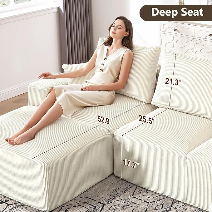 108" Modular Sectional Sofa, Compression Sofa with Deep Seat, Modular L-Shape Couch with Chaise, Upholstered Couches for Living Room Bedroom, No Assembly Required (White Corduroy, 108" L Shape)