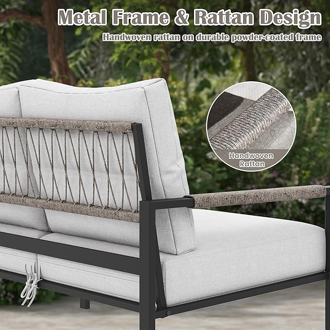 PATIOCHIC 2 Pieces Rattan Outdoor Furniture Set, All-Weather Patio Loveseat with Warm Grey Cushions and Coffee Table for Garden, Backyard, Balcony, Poolside