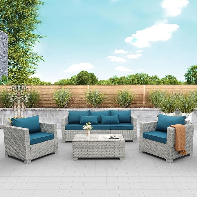 WAROOM Patio Furniture Set 4 Piece Wicker Conversation Sets PE Rattan Chair Outdoor Couch Sectional Sofa with Storage Table, Peacock Blue Cushion
