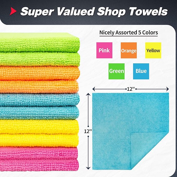FIXSMITH Microfiber Cleaning Cloth, 400 Pack Shop Towels, Lint-Free Car Wash Towels, All-Purpose Absorbent Cleaning Rags for Housekeeping, Dust Cloth for Office, Mechanic, Automotive （12inx12in）