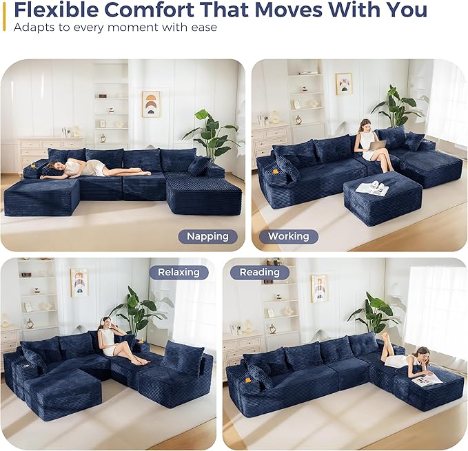 MAXYOYO 132" Giant U-Shaped Modular Sectional Couch, Modern Boneless Couch for Living Room, Sofa in A Box, Oversized Sofa Sleeper with Deep Seat, No Assembly Required, Navy
