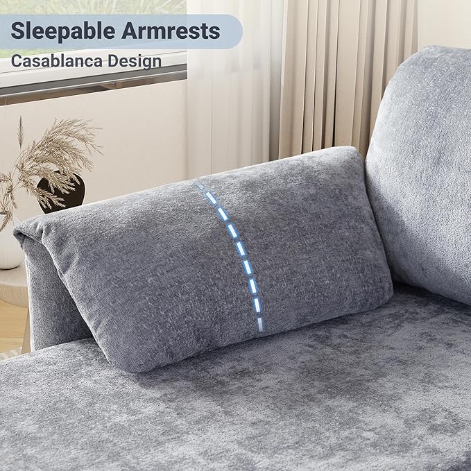 Tbfit Sleeper Sofa Couch with Pullout Bed, Sofa Bed Couch with USB & Storage Chaise, Chenille Convertible Sleeper Sofa, 83'' Pull Out Sofas Couches for Small Space, Apartment, Light Gray