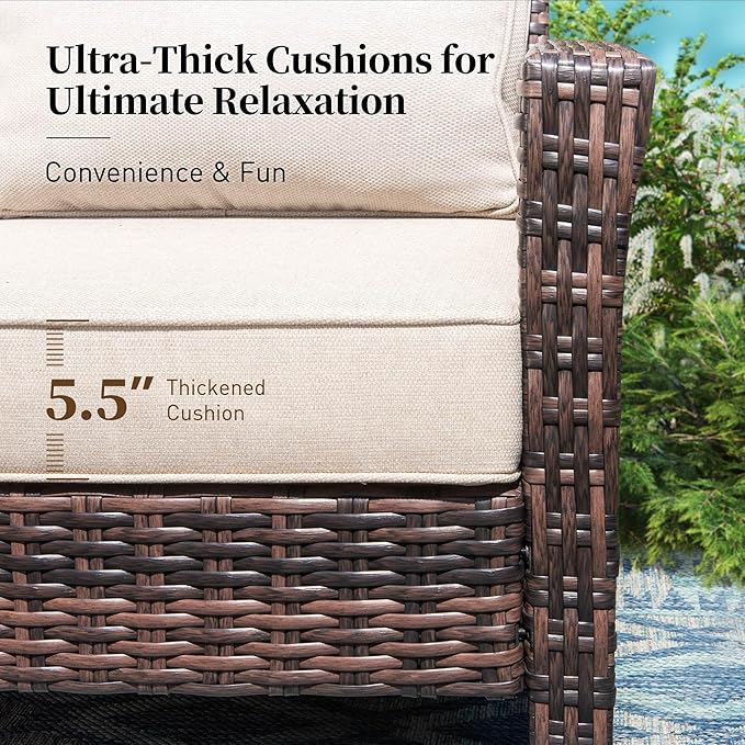 SUNSHINE VALLEY 6 Piece Patio Furniture Set with Swivel Chairs, High Back Wicker Rattan Sofa with Extra Thick Cushion, Coffee Table and Ottoman, Outdoor Conversation Set for Backyard Deck,Beige