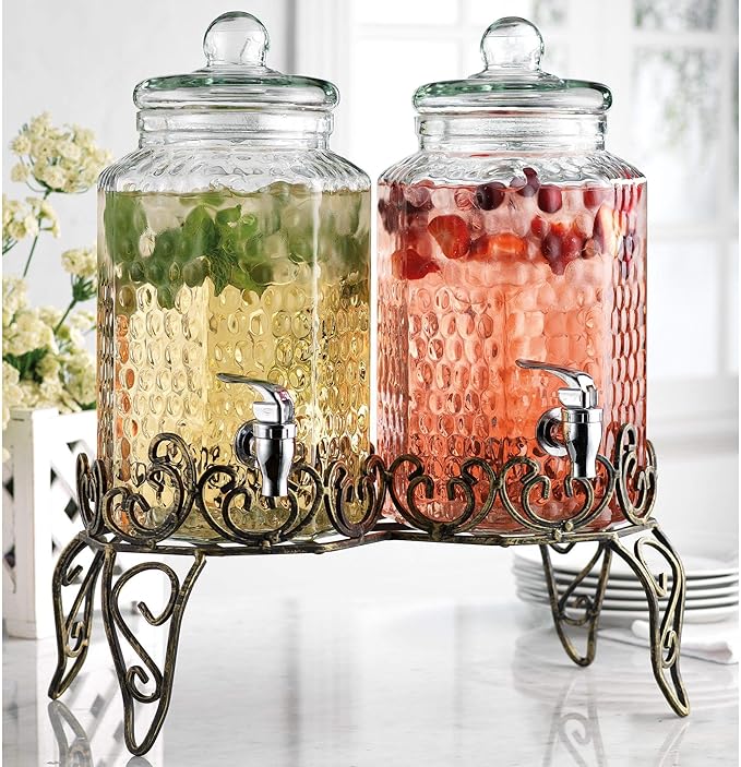 Classic Hammered Glass Beverage Dispenser with Elegant Stand (Set of 2), 1 Gallon Glass Drink Dispenser with Stand & Spigo...
