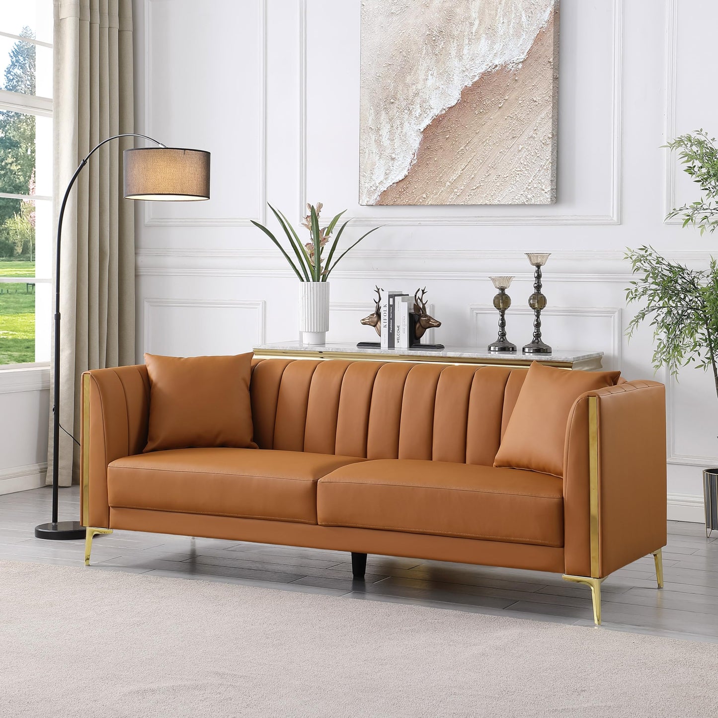FOTOSOK 78'' Sofa, Modern Leather Couches for Living Room, Comfy, Faux Leather Sofa 3 Seater Sofa with 2 Throw Pillows and Gold Metal Legs, Deep Seat Sofas (Brown)