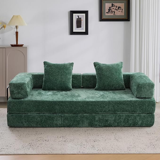 Convertible Couch Sofa Bed Foldable Floor Sleeper | Modern Fold Out Couch | Removable Backrest & Armrests | No Assembly Compression Sofa Sleeper for Living Room, Bedroom | Green Chenille
