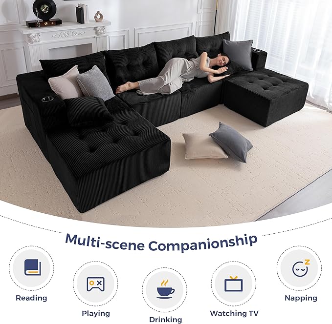 MAXYOYO 129.5" Modular Sectional Sofa Couch, U Shaped Modern Cloud Couch with 2 Ottomans, Sofa in A Box, Tufted 6-Seat Boneless Sleeper Chair for Living Room, No Assembly Required, Black