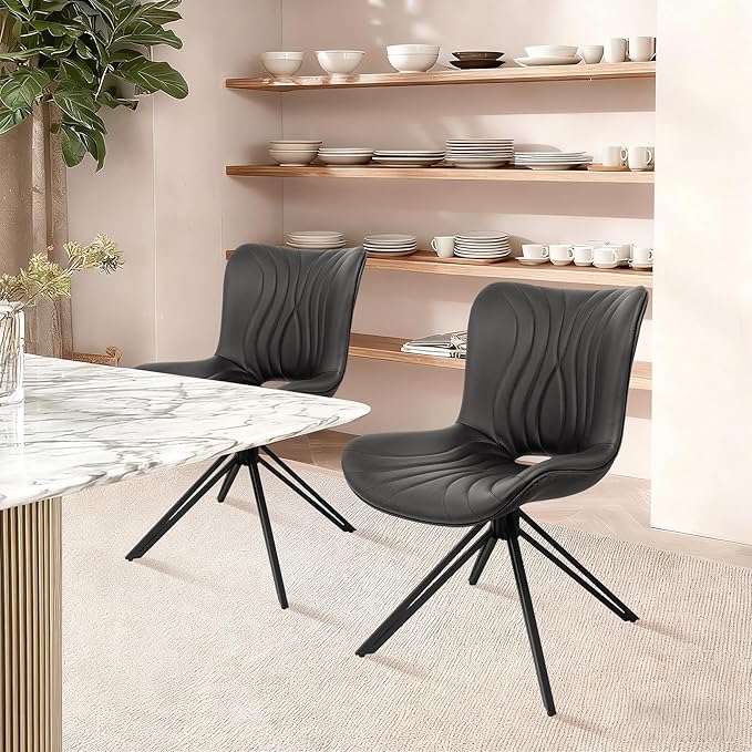 VATROS Dining Chairs Set of 2, 360° Swivel Upholstered Mid-Century Modern Kitchen Dining Room Chairs, Armless Faux Leather Accent Side Chair with Padded Back, Metal Leg, Black