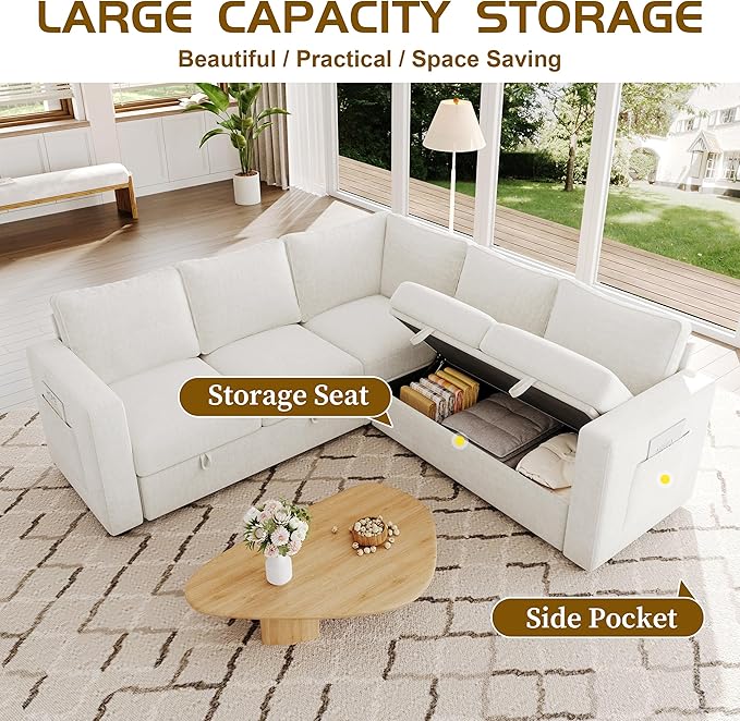 SUAWY 83.5" Sectional Sleeper Sofa with Pull Out Couch, Modern 5 Seat L Shaped Modular Couch, Sectionals Modular Sofa with Storage, Comfy Sectional Couches for Living Room & Apartment, Light Beige