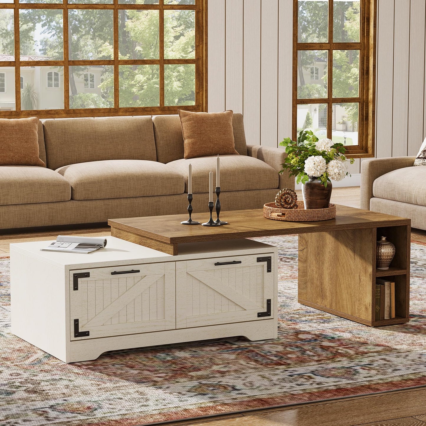 Tribesigns Extendable Large Coffee Center Table for Living Room, 47.24-Inch Farmhouse Rectangle Tea Cocktail Table with 2 Storage Drawers and Open Shelves, White and Rustic Brown