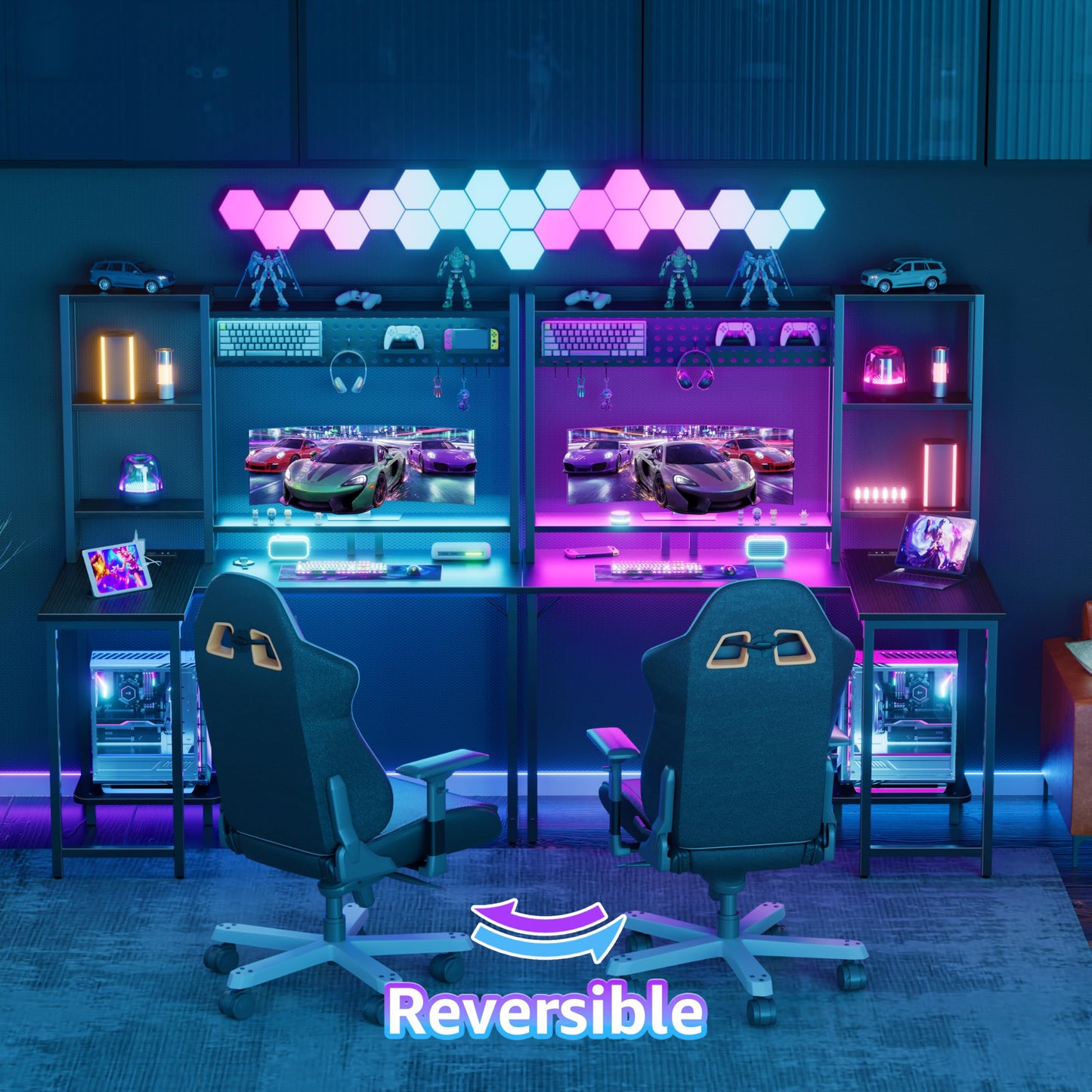 MEUIS L Shaped Gaming Desk with Shelves - 48 inch Corner Computer Desks with Storage Hutch Shelf Reversible Pegboard Led Lights Power Outlets PC Monitor Stand for Bedroom, Black