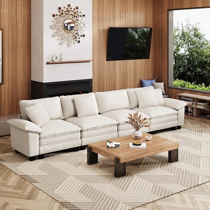 MIXPATIO 157.5" Cloud Modular Sectional Sofa, 4-Seater w/Deep Seat & Removable Arms, Plush Chenille for Living Room - Beige