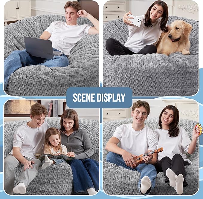 HABUTWAY 5FT Bean Bag Chair,Giant Bean Bag Chairs for Adults,Big Bean Bags with Memory Foam Filled, Large Beanbag Chairs with Chevron Plush Cover-Grey