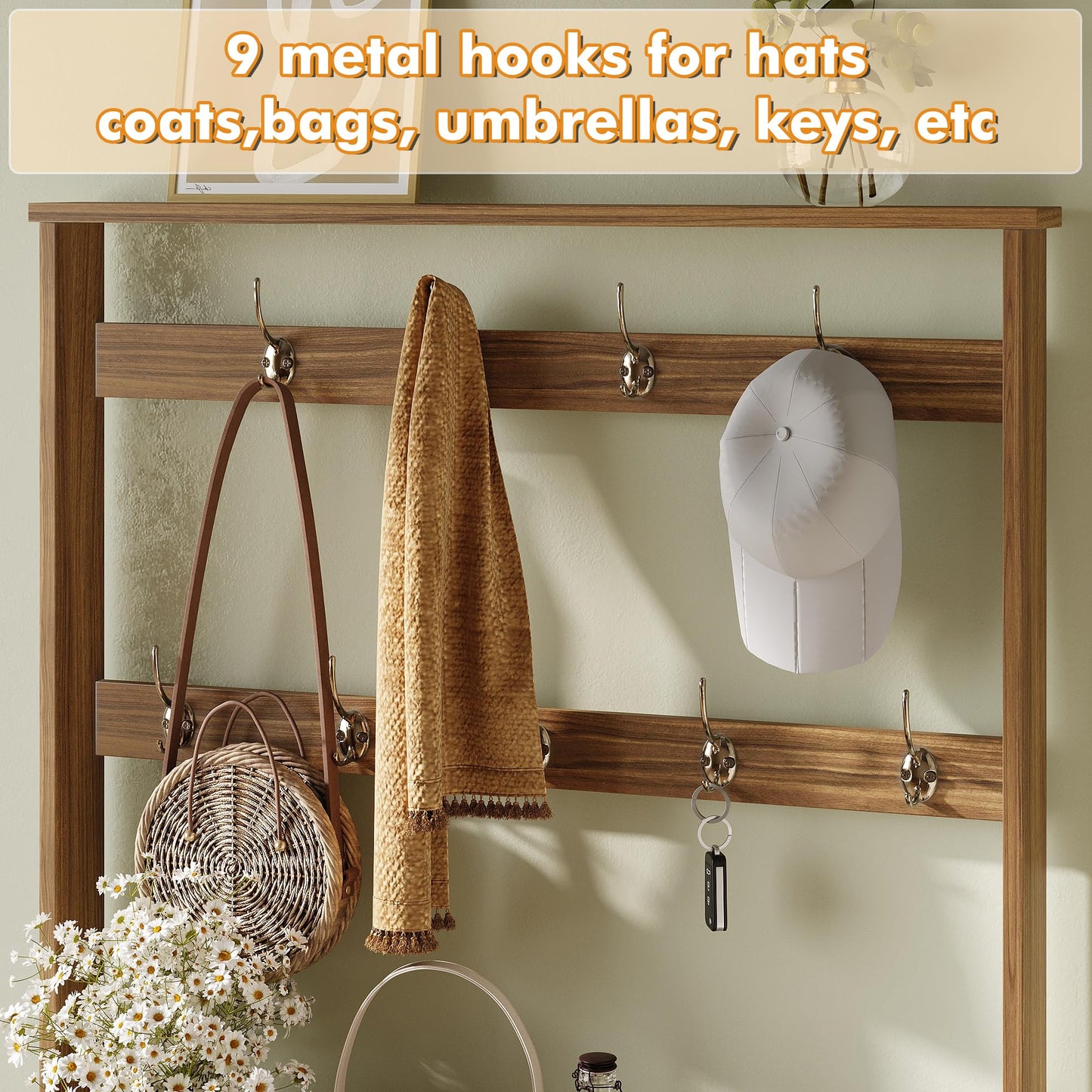 Maupvit Shoe Cabinet with 2 Flip Drawers, Shoe Rack with Rattan Doors, Hidden Shoe Storage Cabinet with Hanging Hooks, Tall Free Standing Shoe Organizer for Foyer, Entryway, Hallway (Rustic Oak)