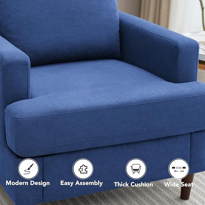 Weture Mid-Century Accent Chair,Modern Linen Fabric Armchair for Living Room,Comfy Upholstered Reading Accent Chairs for Bedroom,Single Sofa Chair with Wood Legs (Blue, 1 Pack)