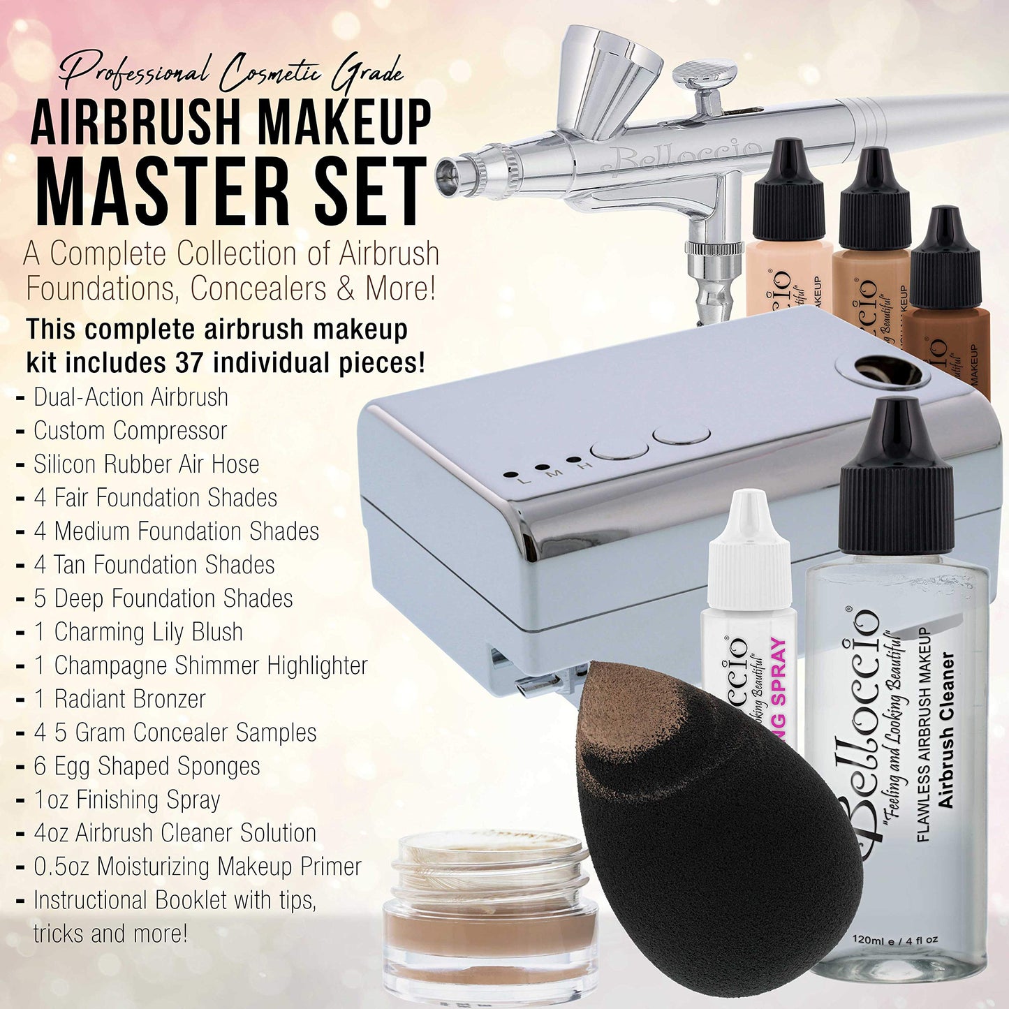 Belloccio Airbrush Cosmetic Makeup System with a MASTER SET of All 17 Foundation Shades plus Blush, Shimmer and Bronzer All in 1