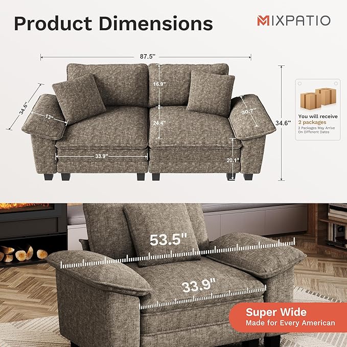 MIXPATIO 87" Cloud Modular Sectional Loveseat, 2-Seater w/Deep Seat & Removable Arms, Plush Chenille for Small Living Room & Apartment - Smoky Gray