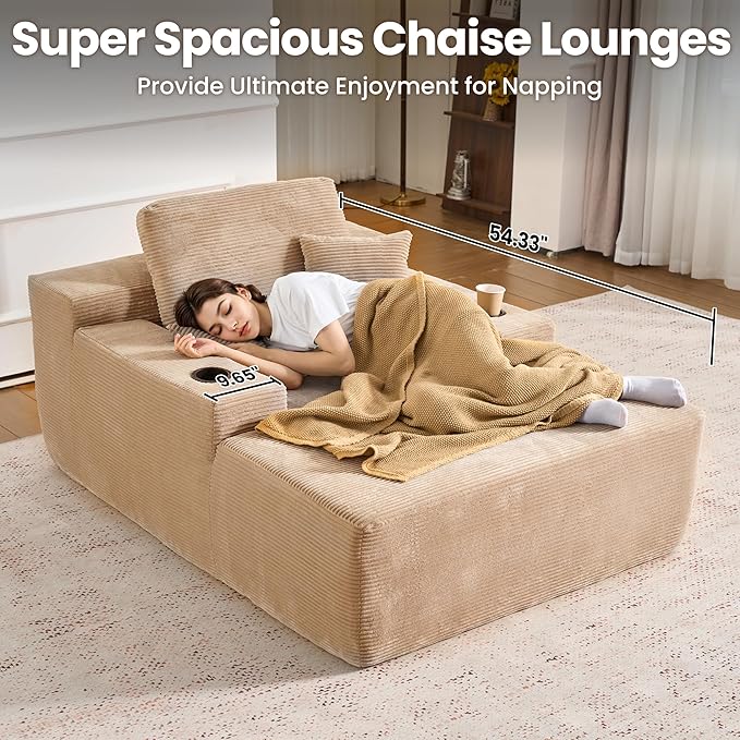 ovios 67'' Chaise Lounge Chair Indoor, Oversized Upholstered Sofa Bed with Cup Holders, Sleeper Couch Reading Chairs Fluffy Plush Corduroy Cloud Sofas Couches Living Room, Camel