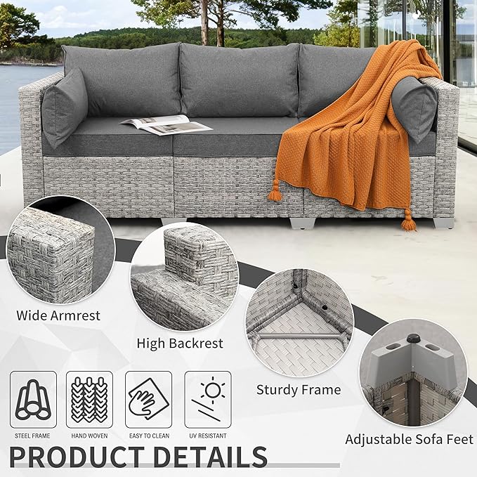 WAROOM Outdoor Couch 3 Seater Wicker Patio Sofa Grey Rattan Deep Seat Balcony Furniture Porch Seating with Grey Cushion