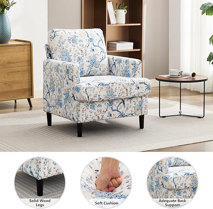 Weture Mid-Century Accent Chair,Modern Linen Fabric Armchair for Living Room,Comfy Upholstered Reading Accent Chairs for Bedroom,Single Sofa Chair with Wood Legs (Blue Flowered Bird, 1 Pack)