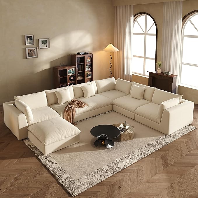 Fajiani Oversized Modular Sectional Sofa,Cloud Couch Deep Seat Sofa Cushion Covers Removable, Oversized Sectional Couches for Living Room (7 Seater-Cream White)