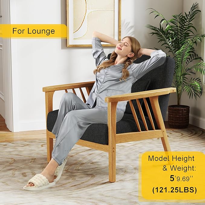 SEYNAR Mid-Century Accent Chair, Linen Fabric Armchair and Lounge Chair with Lumbar Pillow, Wide Seat & Solid Wood Frame for Living Room, Bedroom or Balcony(Dark Gray)