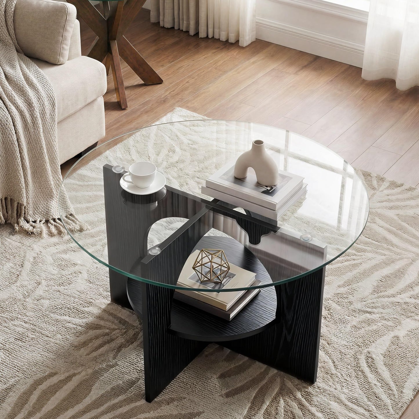 YITAHOME Round Coffee Table, 2-Tier Glass Coffee Tables with Storage, Multi-Purpose Modern Center Table or Cocktail Table for Living Room, Office, Lounge, Black