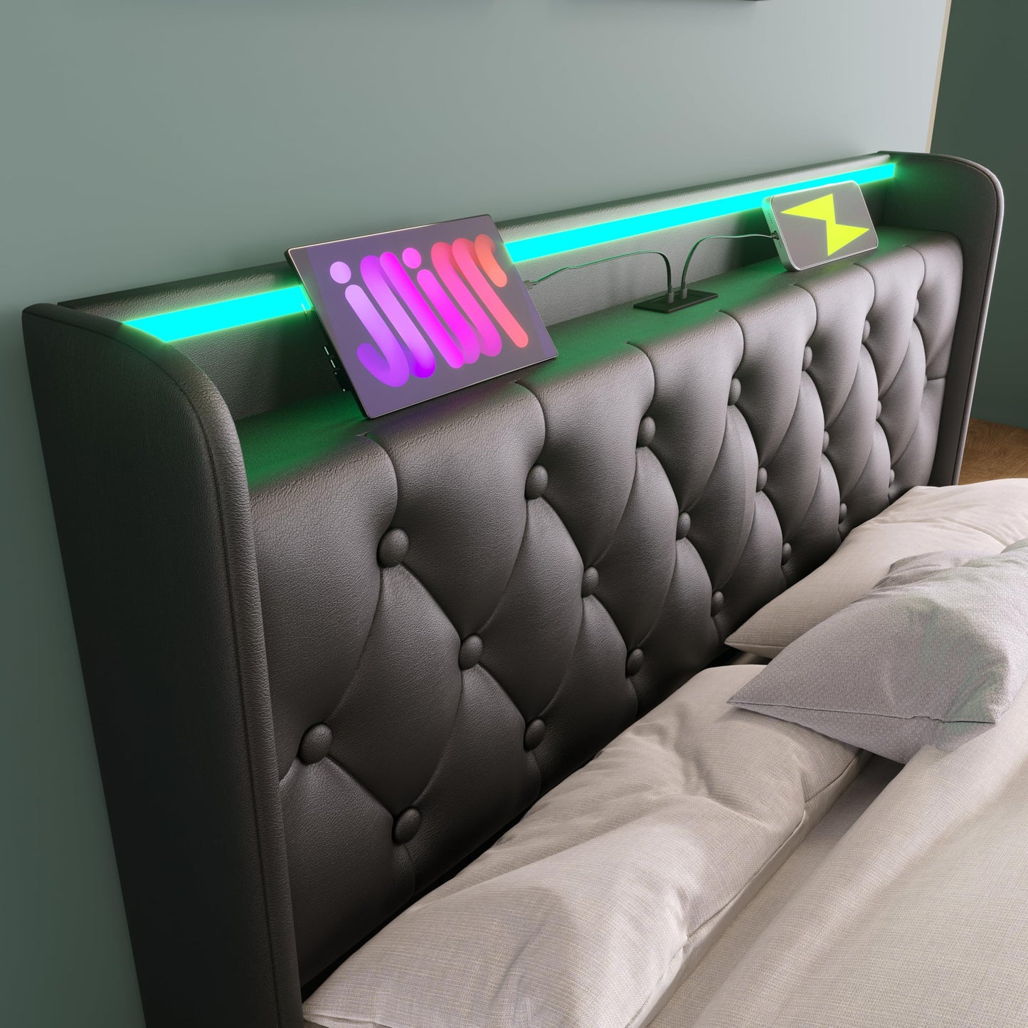 Queen Lift Up Bed with Charging Station & LED Lights, Upholstered Bed Frame with Modern Wingback Storage Headboard, Hydraulic Storage, Wood Slats Support, No Box Spring Needed, Easy Assembly, Black