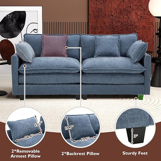 Ihanherry Cloud Sofa 77 Inch Loveseat, Modern Sectional Couch, 2-Seats Sofa for Living Room Bedroom and Apartment, Comfy Double Layer Upholstered Seat Cushion, Breathable Chenille Fabric, Blue