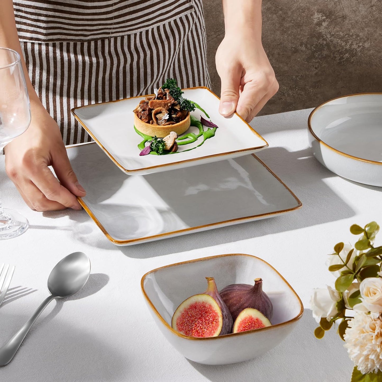 E-far Square Dinnerware Sets for 8, 24-Piece Stoneware Plates and Bowls Dishes Set, Reactive Glaze Porcelain Dishware Sets, Chip & Scratch Resistant, Microwave & Dishwasher Safe, Seashell White